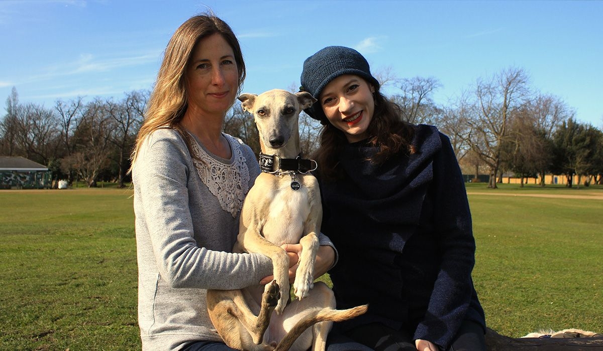 Kate and Selena sat together with Minnie the Whippet