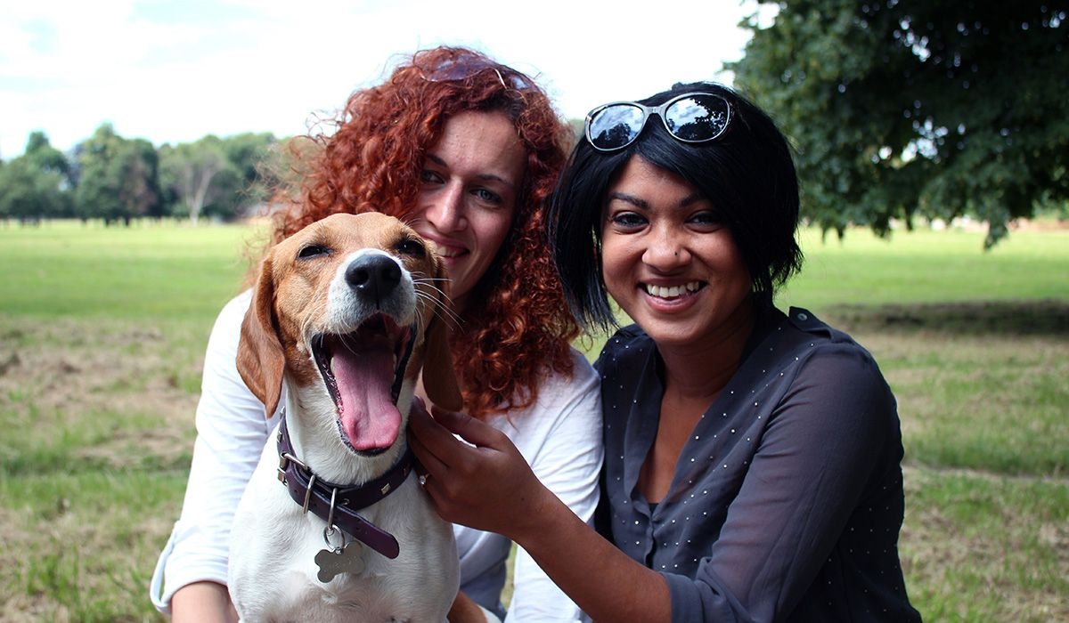 Two people and a dog are in a park on a warm day. The dog's mouth is open wide as if they are speaking or laughing.