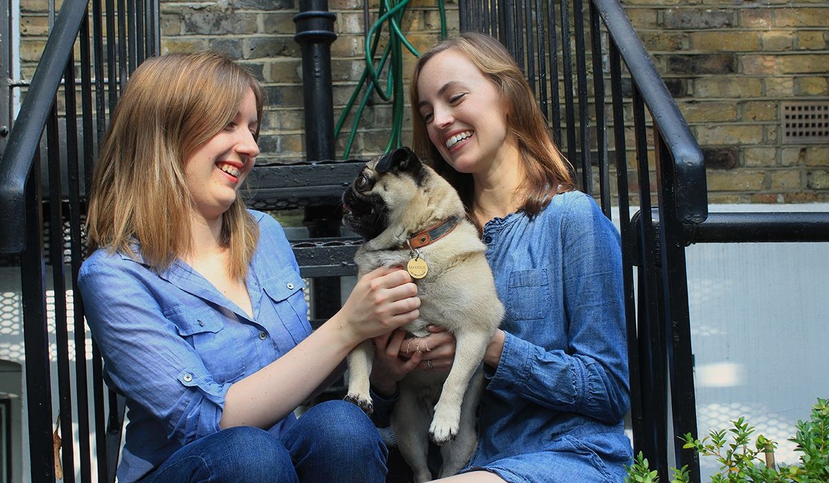 Two women are sitting on steps outside. They are both paying attention to a tan and black, short-nosed dog that is being held by one of them.