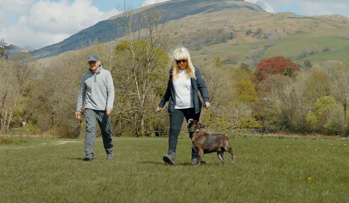 Two people and a chocolate brown dog are enjoying a walk in beautiful countryside with hills in the background