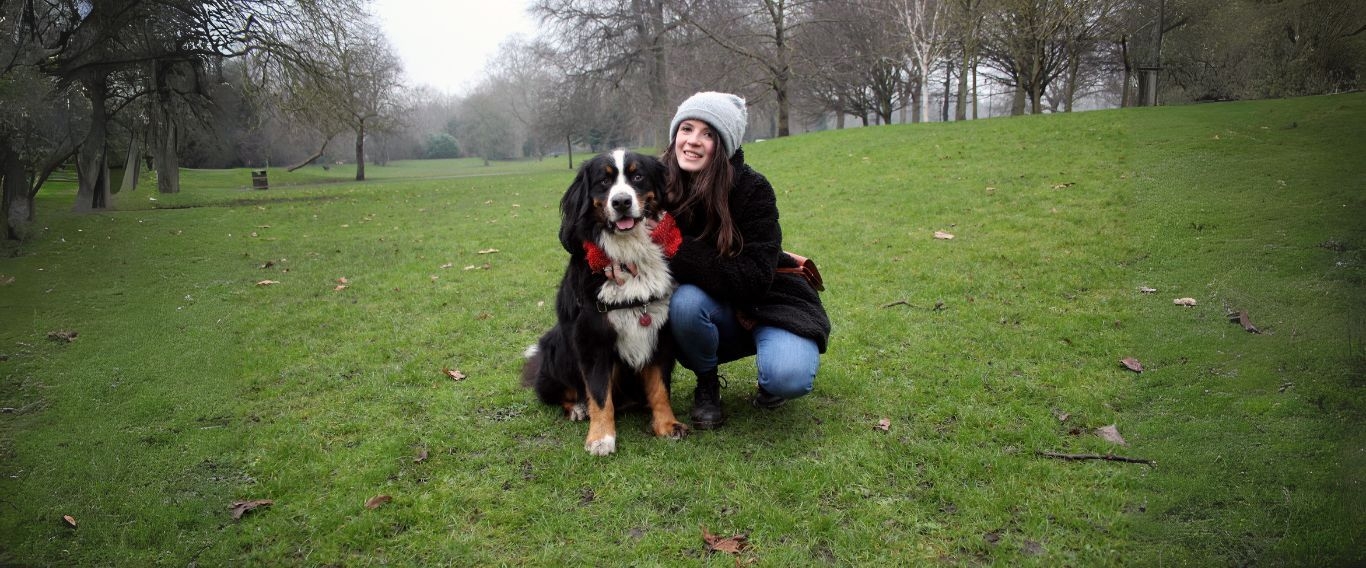 Student Charlotte with her borrowed dog, Beezus, on an autumnal day at the park