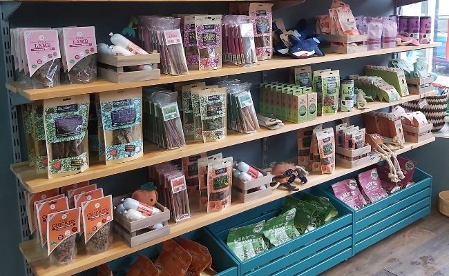 Stocked shelves at Balham Bark pet shop