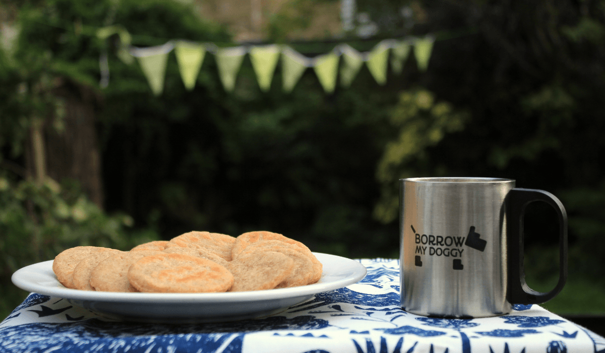 A plate of Peanut Butter Cookies next to a BorrowMyDoggy silver mug, on a table in the garden.